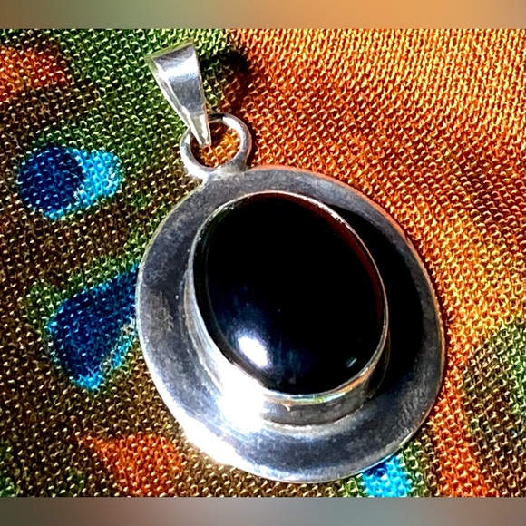 Large Onyx Pendant Stamped ATI MEXICO Vintage Mexican Silver | All Seeing Eye - Picture 4 of 16